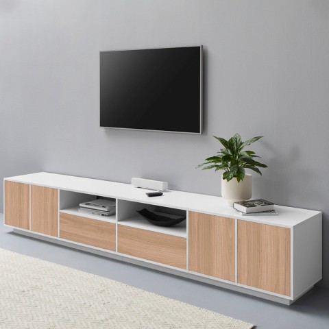 Szafka RTV do salonu 260cm białe drewno nowoczesny design Breid Wood