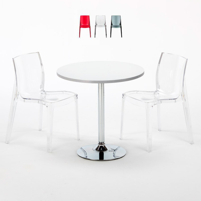 Biały okrągły stolik 70x70 cm z 2 kolorowymi przezroczystymi krzesłami Femme Fatale Spectre Oferta