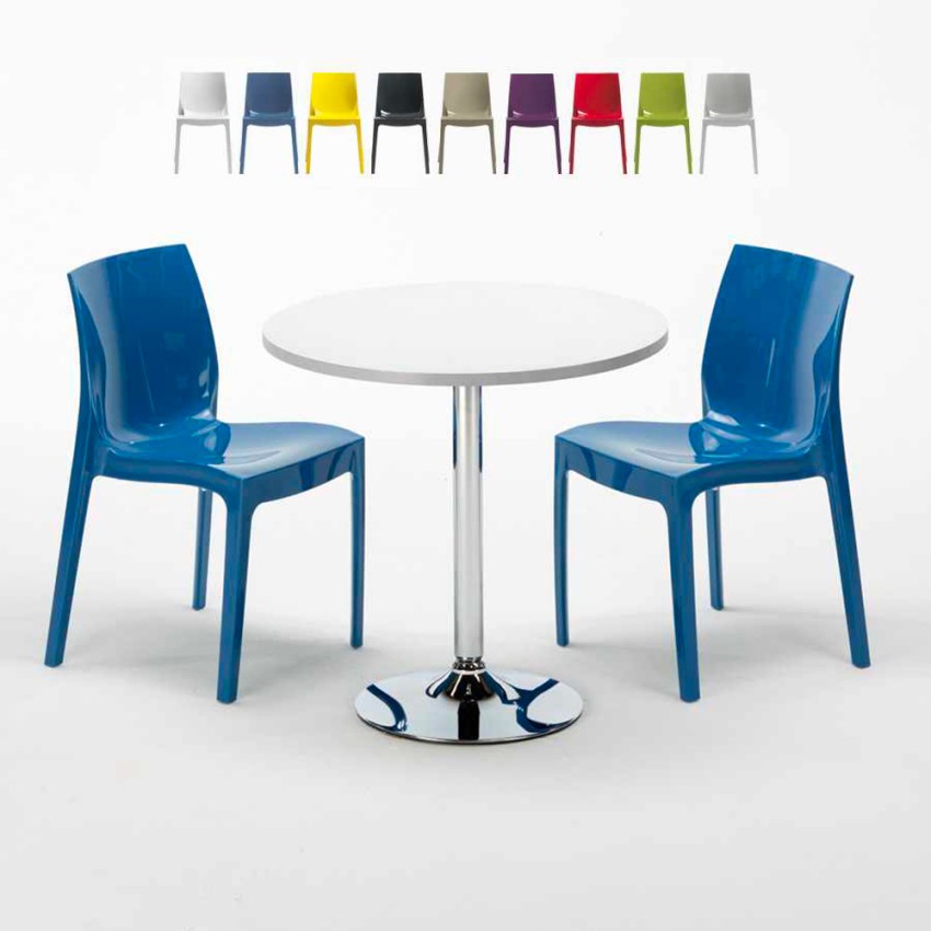 Bialy okrągły stolik 70x70 cm ze stalową podstawą i 2 kolorowymi krzesłami Ice Long Isalnd Oferta Bialy okrągły stolik 70x70 cm ze stalową podstawą i 2 kolorowymi krzesłami Ice Long Isalnd Oferta