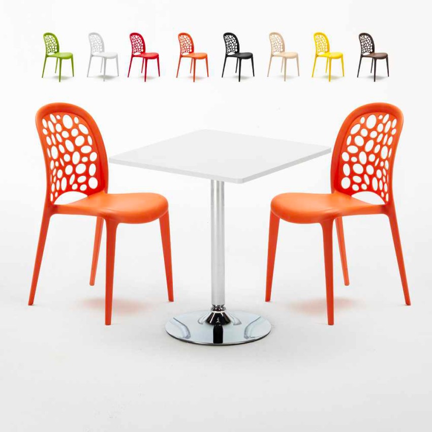 Biały kwadratowy stolik 70x70 cm z 2 kolorowymi krzesłami Wedding Cocktail Sprzedaż