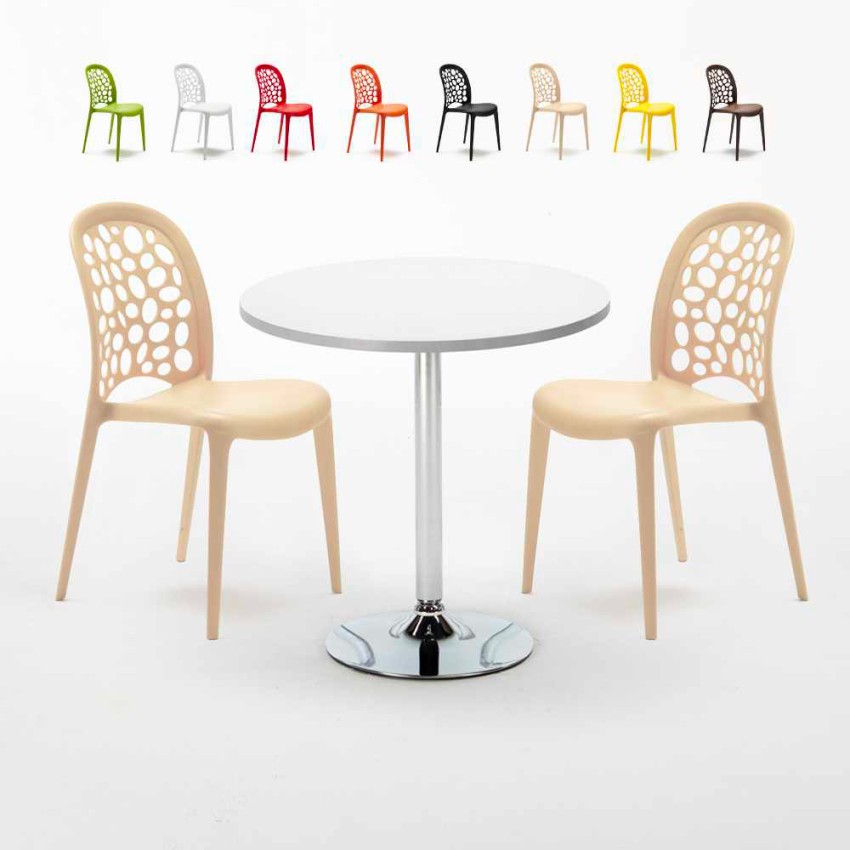 Biały okrągły stolik 70x70 cm z 2 kolorowymi krzesłami WEDDING Long Island Sprzedaż