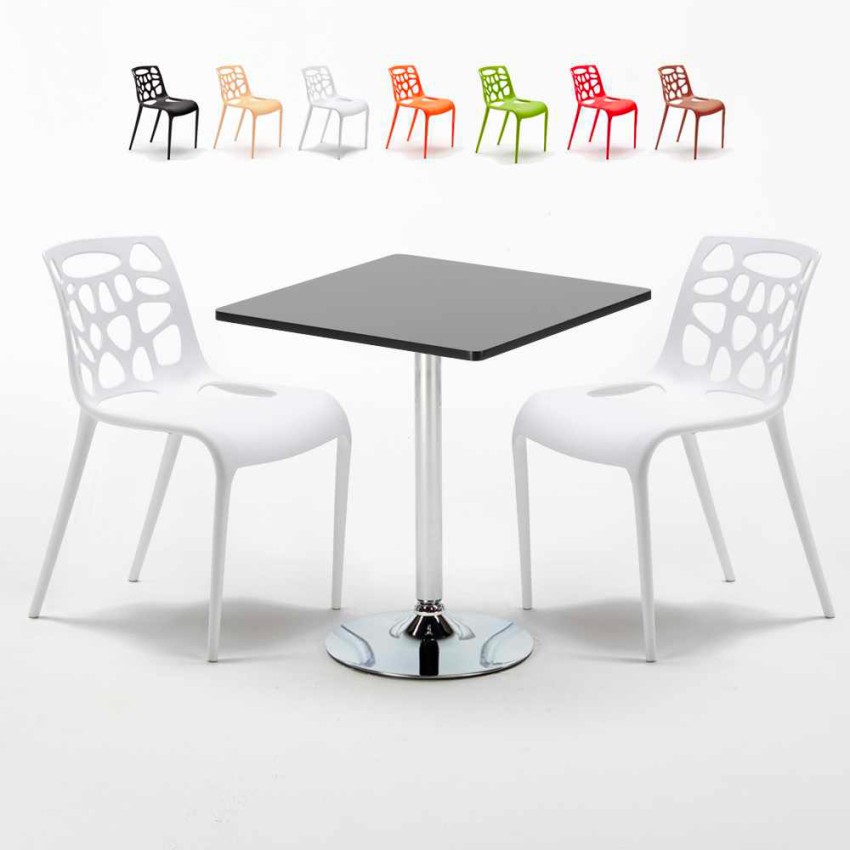 Czarny kwadratowy stolik 70x70 cm z 2 kolorowymi krzesłami Gelateria Mojito Sprzedaż Czarny kwadratowy stolik 70x70 cm z 2 kolorowymi krzesłami Gelateria Mojito Sprzedaż