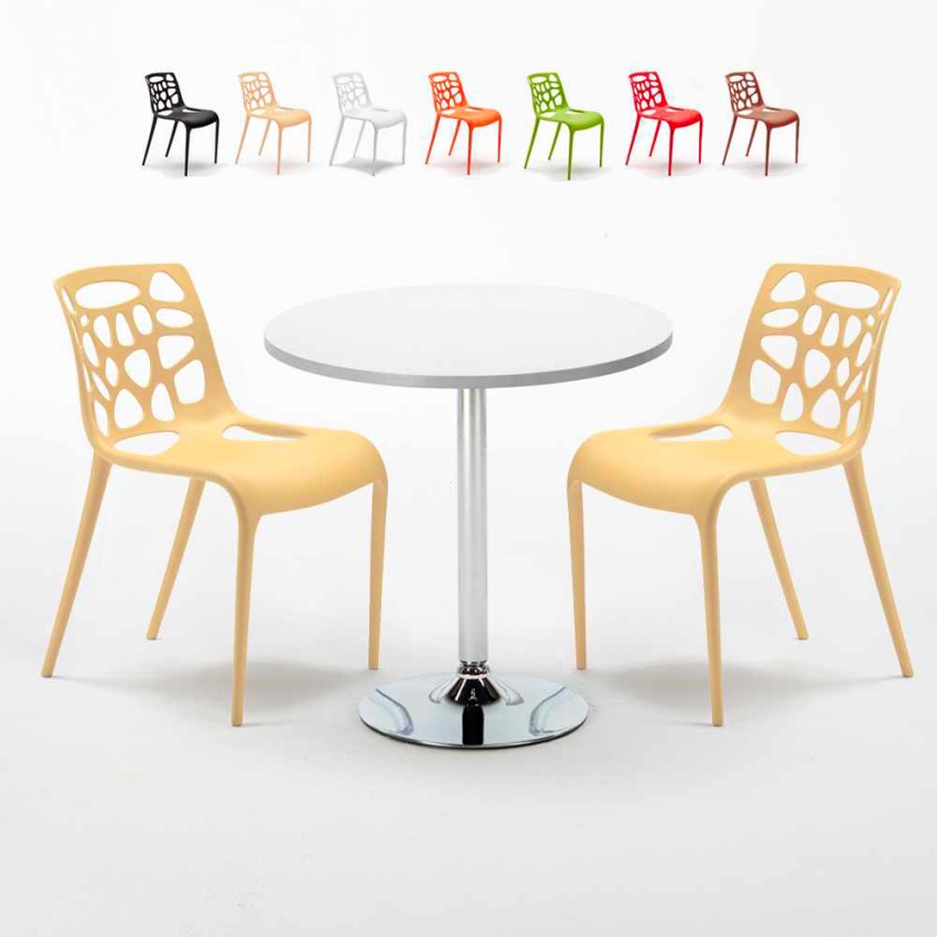 Biały okrągły stolik 70x70 cm z 2 kolorowymi krzesłami Gelateria Long Island Oferta