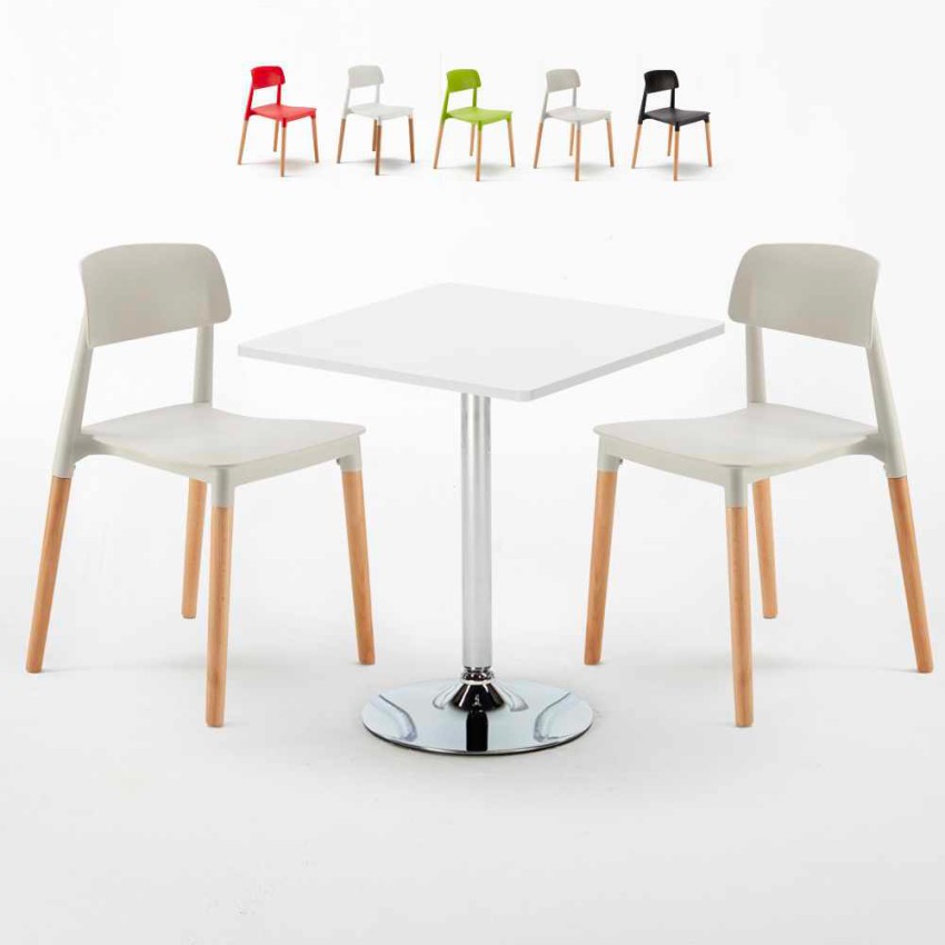 Biały kwadratowy stolik 70x70 cm z 2 kolorowymi krzesłami Barcellona Cocktail Oferta