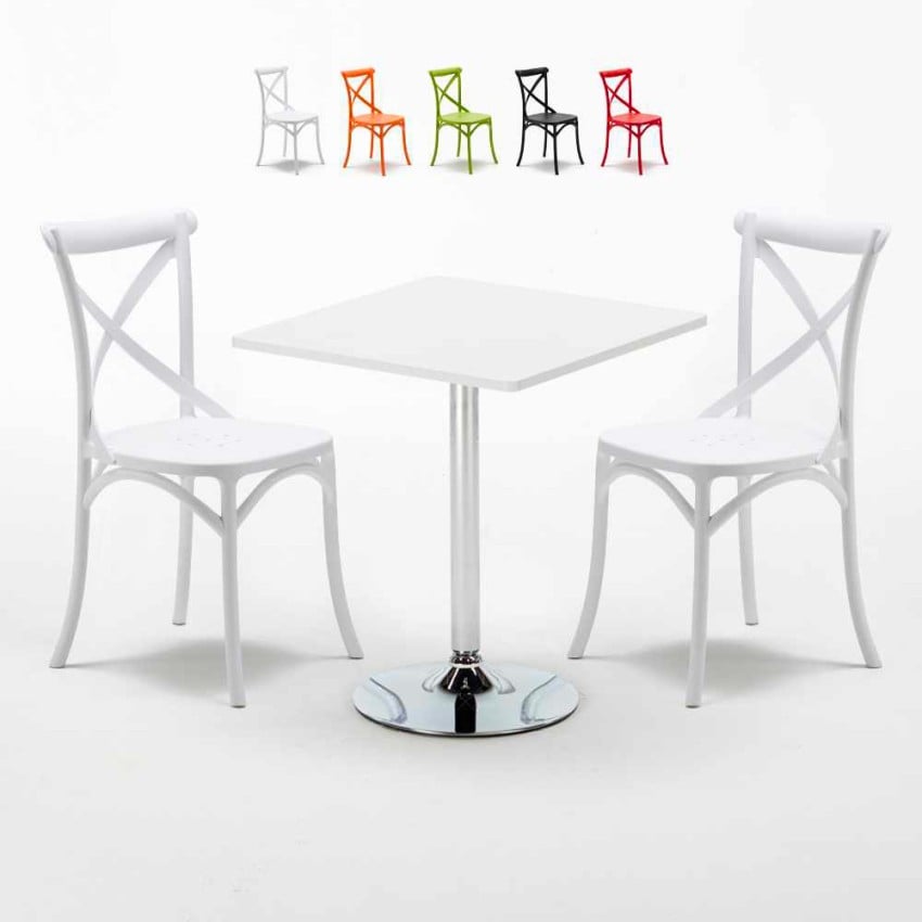 Biały kwadratowy stolik 70x70 cm z 2 kolorowymi krzesłami Vintage Cocktail Oferta Biały kwadratowy stolik 70x70 cm z 2 kolorowymi krzesłami Vintage Cocktail Oferta