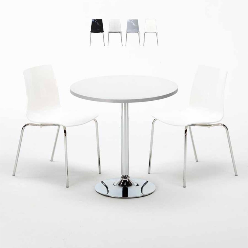 Biały okrągły stolik 70x70 cm z 2 kolorowymi krzesłami Cristal Light Silver Sprzedaż Biały okrągły stolik 70x70 cm z 2 kolorowymi krzesłami Cristal Light Silver Sprzedaż