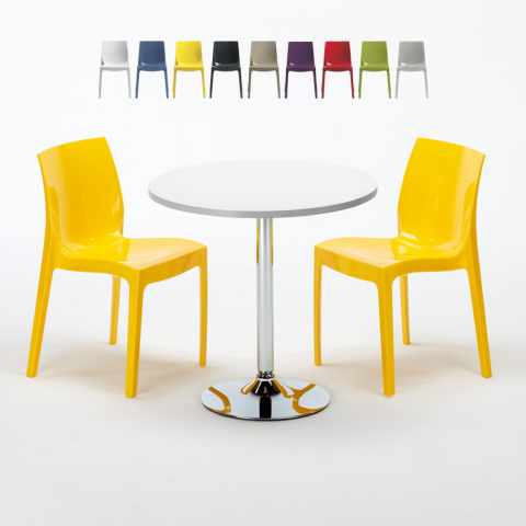 Bialy okrągły stolik 70x70 cm ze stalową podstawą i 2 kolorowymi krzesłami Ice Long Isalnd