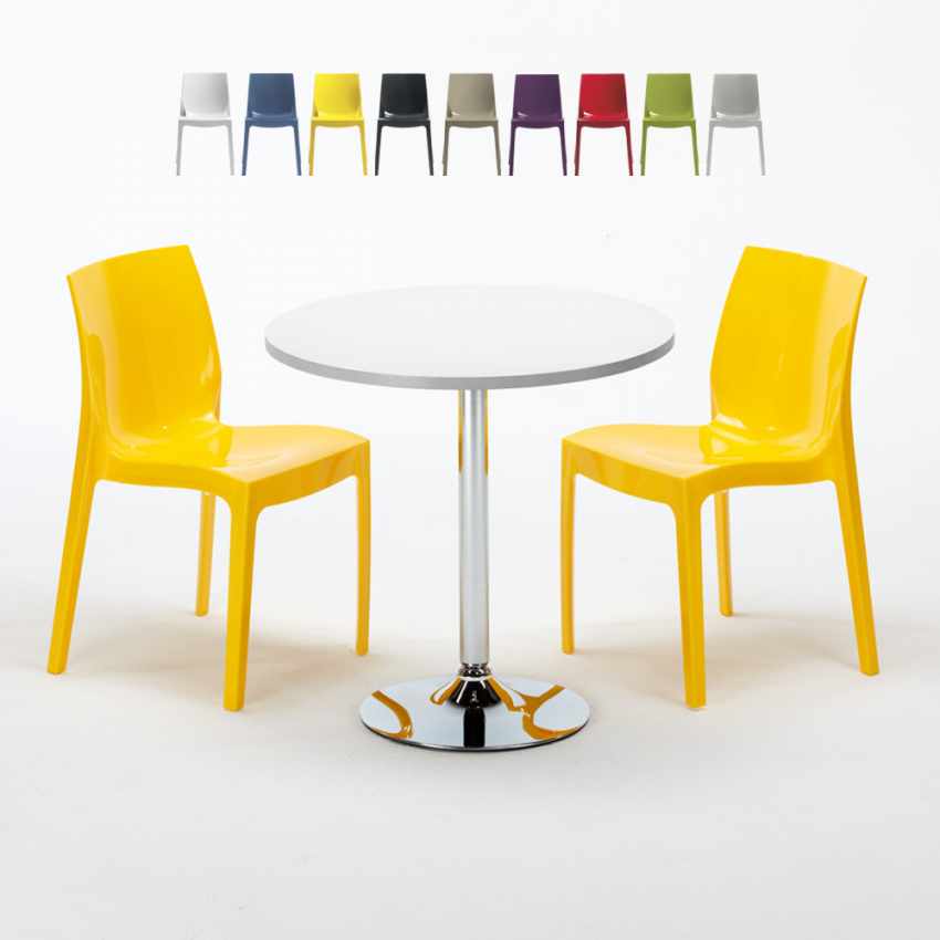 Bialy okrągły stolik 70x70 cm ze stalową podstawą i 2 kolorowymi krzesłami Ice Long Isalnd Promocja