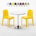 Bialy okrągły stolik 70x70 cm ze stalową podstawą i 2 kolorowymi krzesłami Ice Long Isalnd Promocja