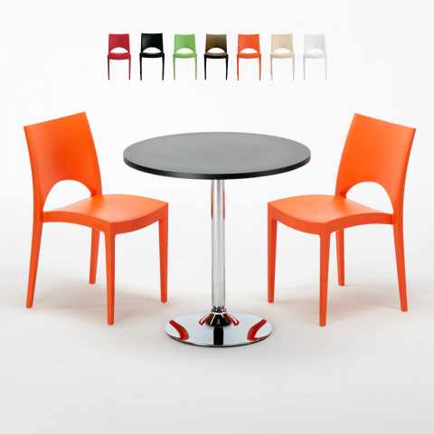 Czarny okrągły stolik 70x70 cm z 2 kolorowymi krzesłami Paris Cosmopolitan