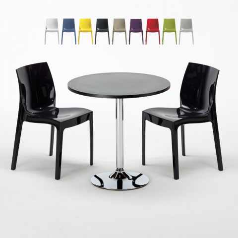 Czarny okrągły stolik 70x70 cm z 2 kolorowymi krzesłami Ice Cosmopolitan