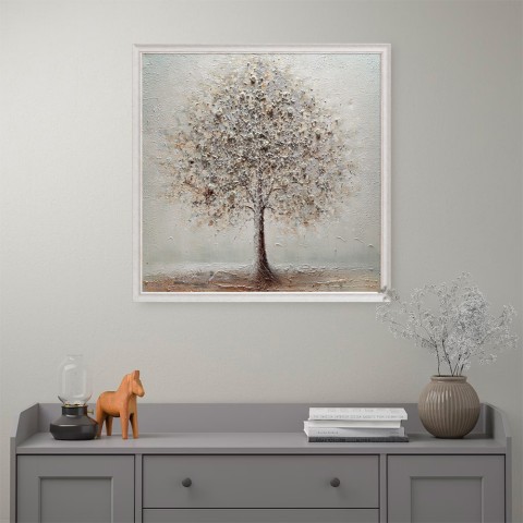 Ręcznie malowany obraz drzewo srebrna rama płótno 100x100cm W641