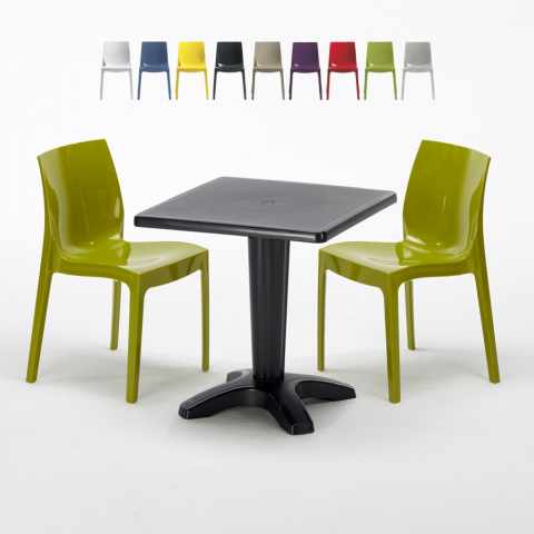 Czarny kwadratowy stolik 70x70 cm z 2 kolorowymi krzesłami Ice Aia