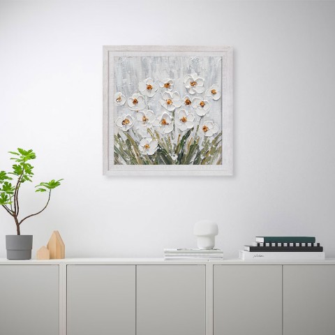 Obraz ręcznie malowany na płótnie białe kwiaty łąka rama 30x30cm Z501