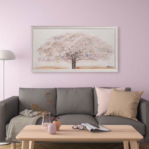 Obraz ręcznie malowany na płótnie biała rama drzewo 60x120cm Z643
