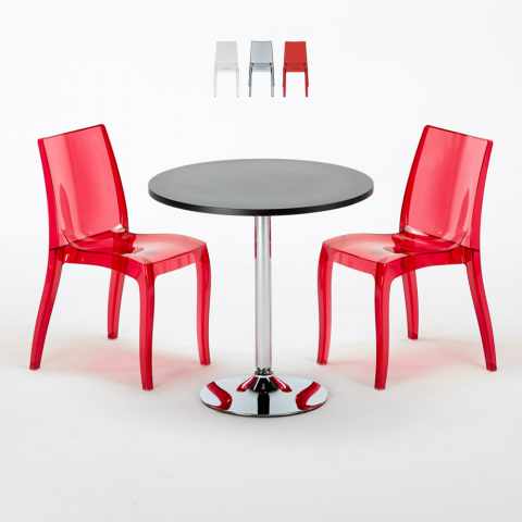 Czarny okrągły stolik 70x70 cm z 2 kolorowymi przezroczystymi krzesłami Cristal Light Gold Promocja