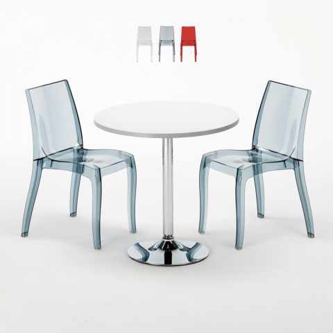 Biały okrągły stolik 70x70 cm z 2 kolorowymi przezroczystmi krzesłami Cristal Light Silver
