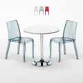 Biały okrągły stolik 70x70 cm z 2 kolorowymi przezroczystmi krzesłami Cristal Light Silver Promocja