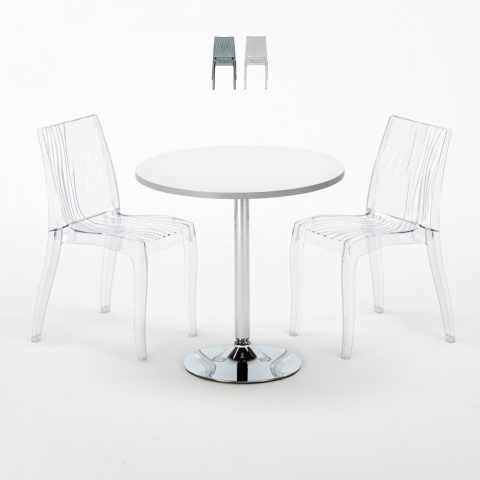 Biały okrągły stolik 70x70 cm z 2 kolorowymi przezroczystymi krzesłami Dune Silver