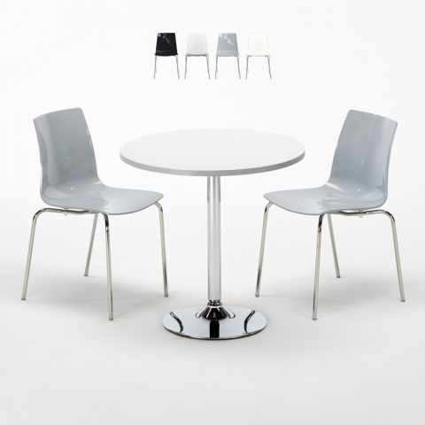 Biały okrągły stolik 70x70 cm z 2 kolorowymi krzesłami Cristal Light Silver Promocja