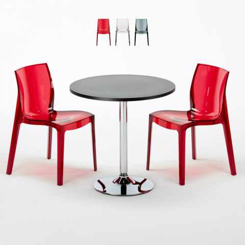 Czarny okrągły stolik 70x70 cm z 2 kolorowymi przezroczystmi krzesłami Femme Fatale Ghost