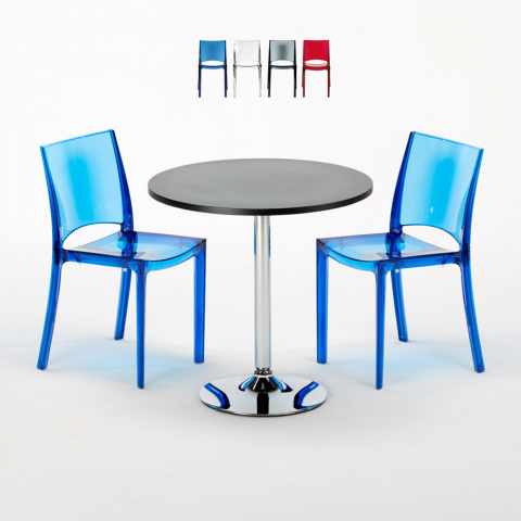 Czarny okrągły stolik 70x70 cm z 2 kolorowymi przezroczystmi krzesłami B-Side Ghost