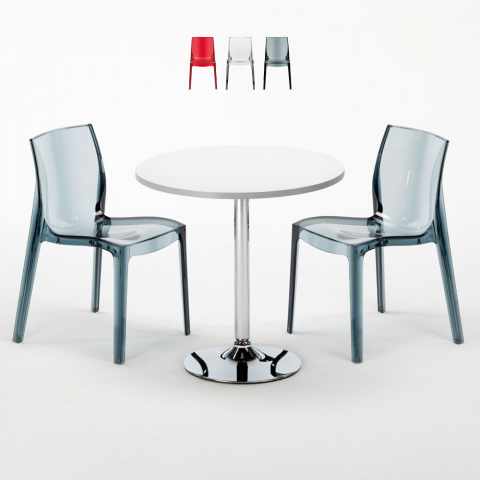 Biały okrągły stolik 70x70 cm z 2 kolorowymi przezroczystymi krzesłami Femme Fatale Spectre