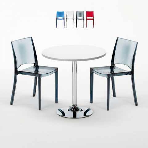 Biały okrągły stolik 70x70 cm z 2 kolorowymi przezroczystymi krzesłami B-Side Spectre