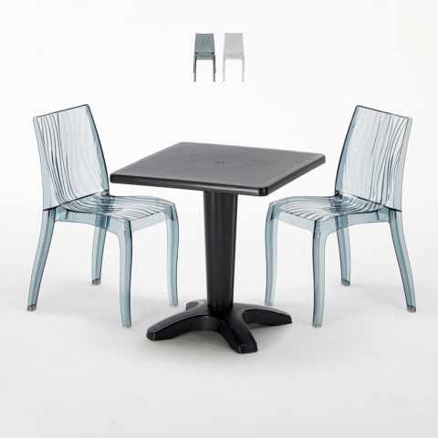 Czarny kwadratowy stolik 70x70 cm z 2 kolorowymi przezroczystmi krzesłami Dune Balcony Promocja