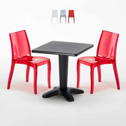 Czarny kwadratowy stolik 70x70 cm z 2 kolorowymi przezroczystmi krzesłami Cristal Light Balcony Promocja