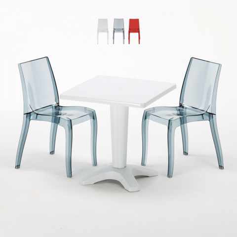 Biały kwadratowy stolik 70x70 cm z 2 kolorowymi przezroczystymi krzesłami Cristal Light Terrace Promocja