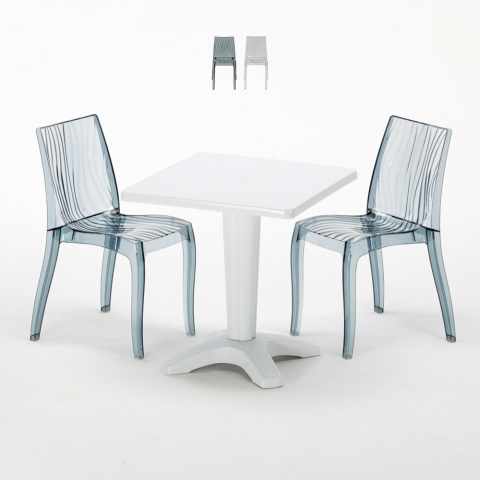 Biały kwadratowy stolik 70x70 cm z 2 kolorowymi przezroczystymi krzesłami Dune Terrace
