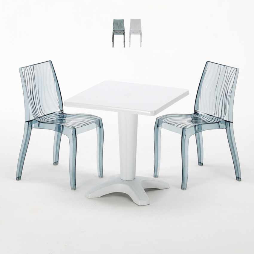 Biały kwadratowy stolik 70x70 cm z 2 kolorowymi przezroczystymi krzesłami Dune Terrace Promocja