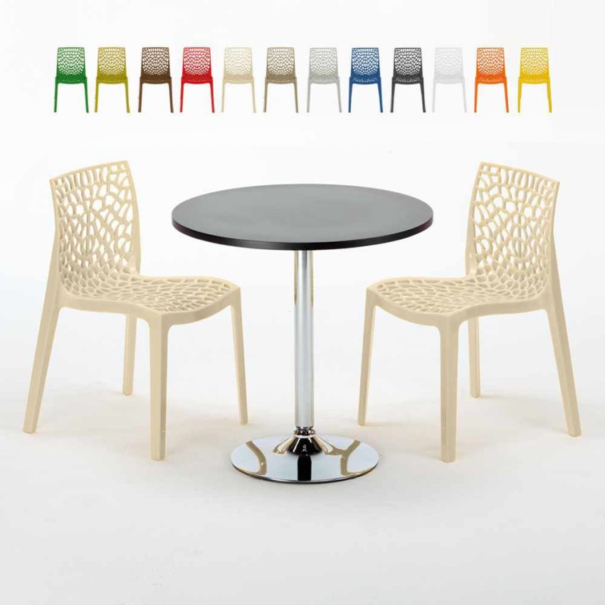 Czarny okrągły stolik 70x70 cm z 2 kolorowymi krzesłami Gruvyer Cosmopolitan Sprzedaż
