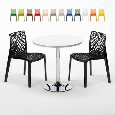 Bialy okrągły stolik 70x70 cm ze stalową podstawą i 2 kolorowymi krzesłami Gruvyer Island