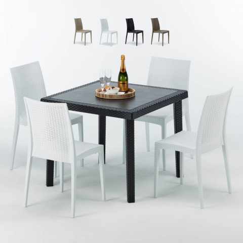 Czarny kwadratowy stolik, 90x90 cm z 4 kolorowymi krzesłami Bistrot Passion