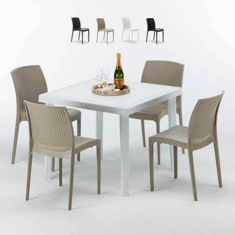 Biały kwadratowy stolik 90x90 Cm z 4 kolorowymi krzesłami Bohème Love Promocja