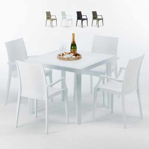 Biały kwadratowy stolik, 90x90 Cm z 4 kolorowymi krzesłami Bistrot Arm Love