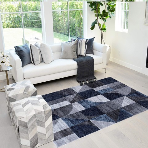 Niebiesko-szary prostokątny geometryczny nowoczesny dywan Double BLU005 Promocja