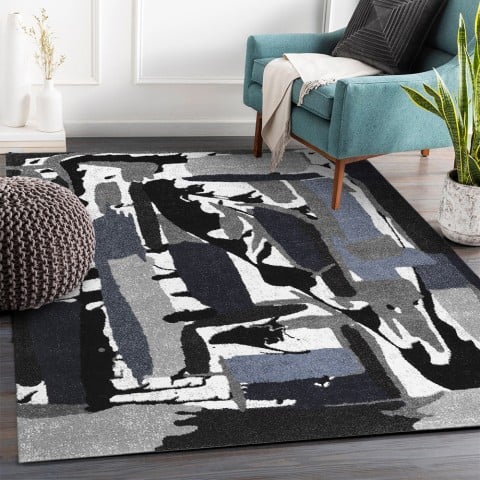 Nowoczesny dywan o abstrakcyjnym wzorze, prostokątny, niebiesko-szary, biały BLU018