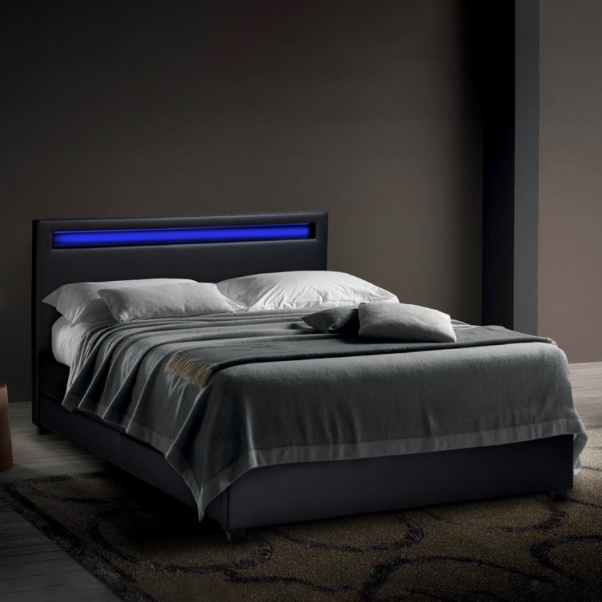 Dwusobowe łóżko ze schowkami i światłami LED 160x190 cm Geneva King Promocja Dwusobowe łóżko ze schowkami i światłami LED 160x190 cm Geneva King Promocja