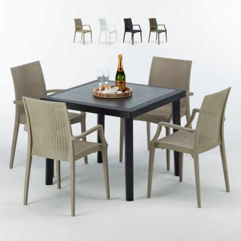 Czarny kwadratowy stolik, 90x90 cm z 4 kolorowymi krzesłami Bistrot Arm Passion