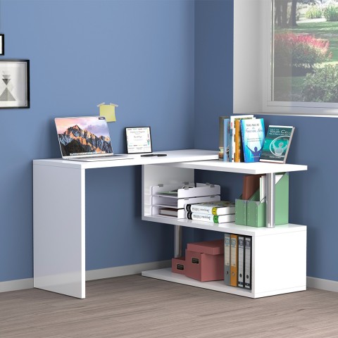 Białe biurko narożne do biura domowego 2 półki Volta WH Promocja