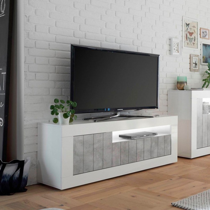 Nowoczesna szafka RTV Jaor BC, biały połysk/cement, 3 drzwi, 138 cm Promocja Nowoczesna szafka RTV Jaor BC, biały połysk/cement, 3 drzwi, 138 cm Promocja