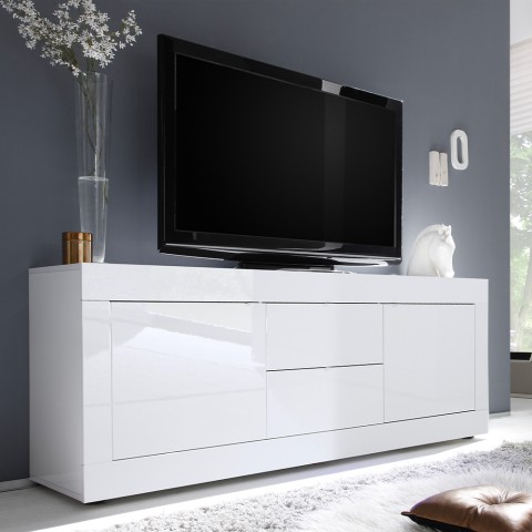 Nowoczesna szafka RTV z 2 drzwiami i 2 szufladami, 210 cm, biały połysk, model Visio Wh Promocja