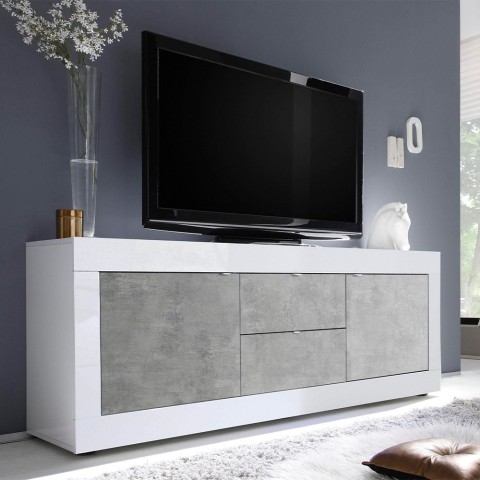 Szafka RTV 210 cm 2 drzwi 2 szuflady biały połysk beton Visio BC Promocja