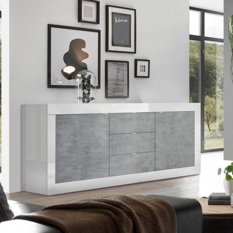 Komoda 2 drzwi 3 szuflady biały połysk beton 210cm Tribus BC Basic Promocja