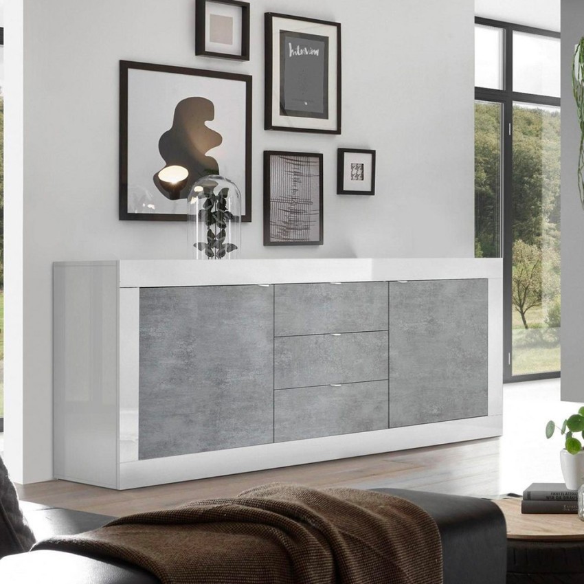 Komoda 2 drzwi 3 szuflady biały połysk beton 210cm Tribus BC Basic Promocja Komoda 2 drzwi 3 szuflady biały połysk beton 210cm Tribus BC Basic Promocja