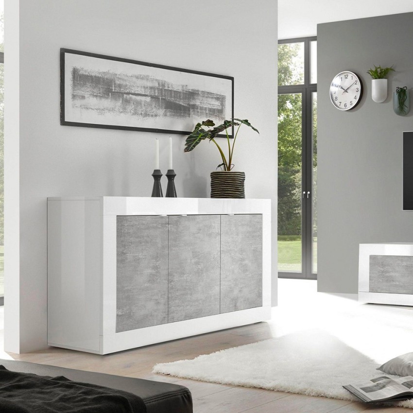 Nowoczesna komoda do salonu 3-drzwiowa biały połysk beton Modis BC Basic Promocja Nowoczesna komoda do salonu 3-drzwiowa biały połysk beton Modis BC Basic Promocja