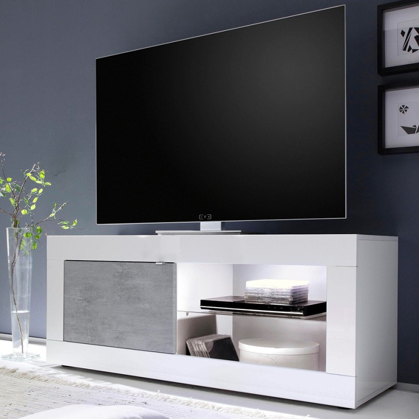 Nowoczesna szafka RTV biało-szara w połysku, beton Diver BC Basic Promocja Nowoczesna szafka RTV biało-szara w połysku, beton Diver BC Basic Promocja